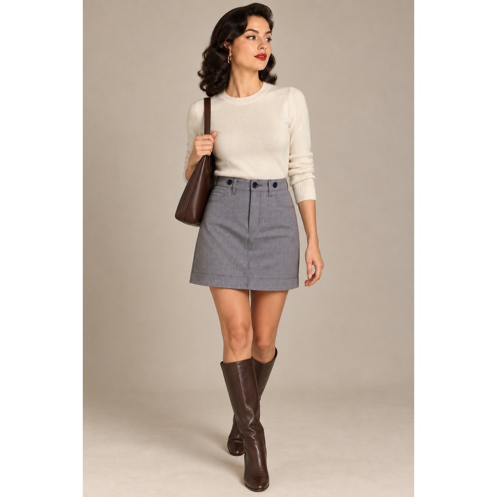 Paper Boy Blue Micro Plaid Cotton Pencil Mini Skirt Button Detail Size 6 Preppy